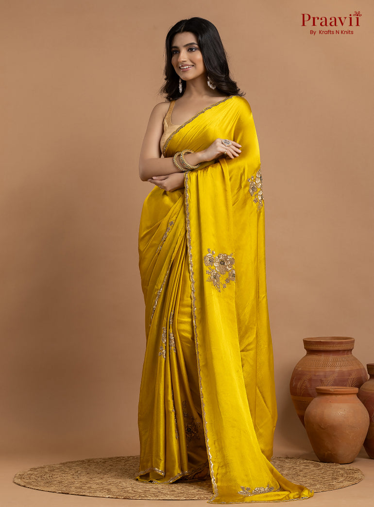 Yellow Crepe Satin Gold Metal Hand Work Saree