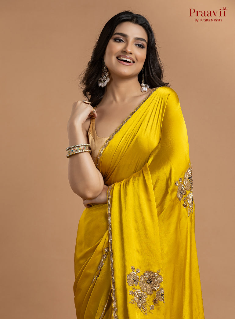 Yellow Crepe Satin Gold Metal Hand Work Saree