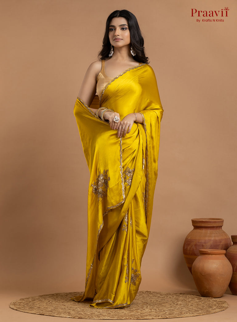 Yellow Crepe Satin Gold Metal Hand Work Saree
