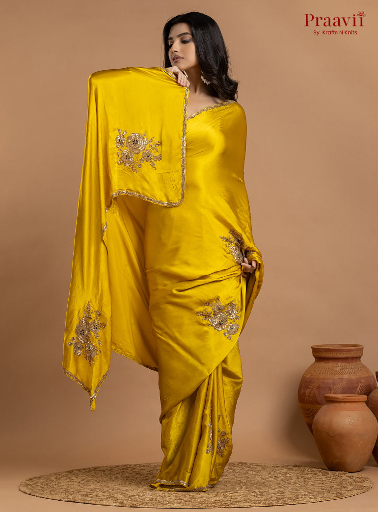 Yellow Crepe Satin Gold Metal Hand Work Saree