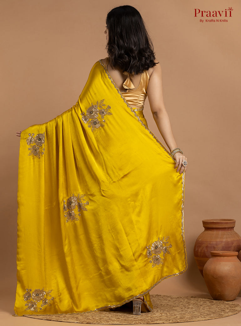 Yellow Crepe Satin Gold Metal Hand Work Saree