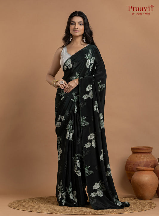Dark Bottle Green Crepe Satin Saree with Sequin Work