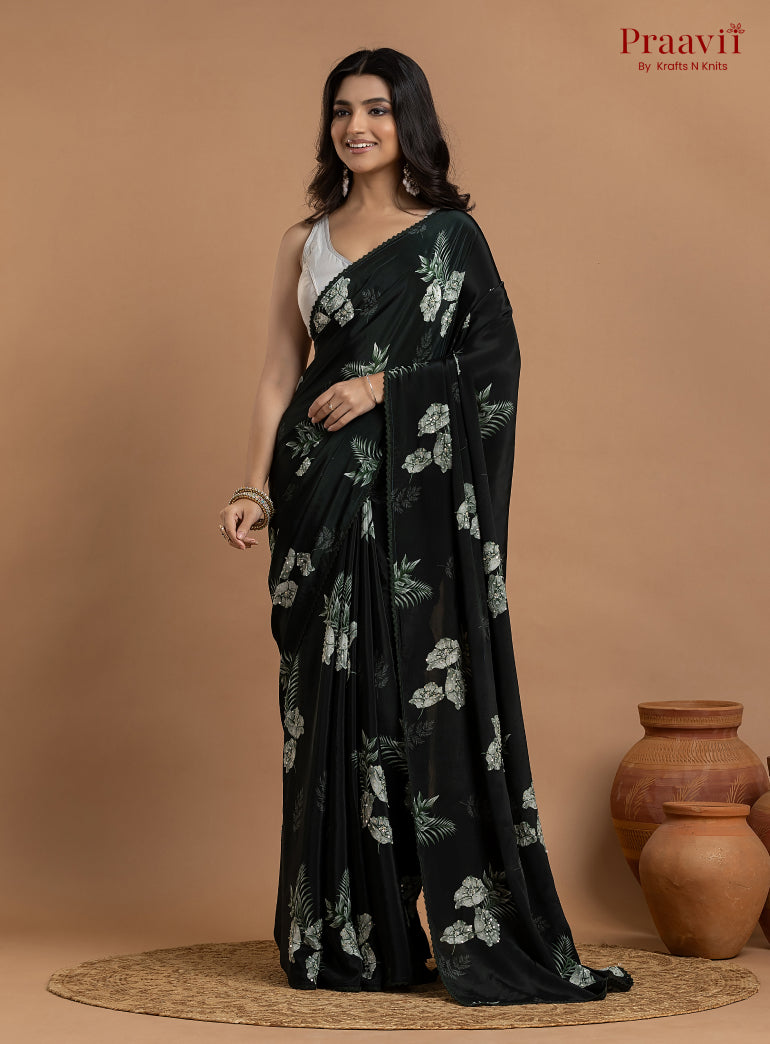 Dark Bottle Green Crepe Satin Saree with Sequin Work