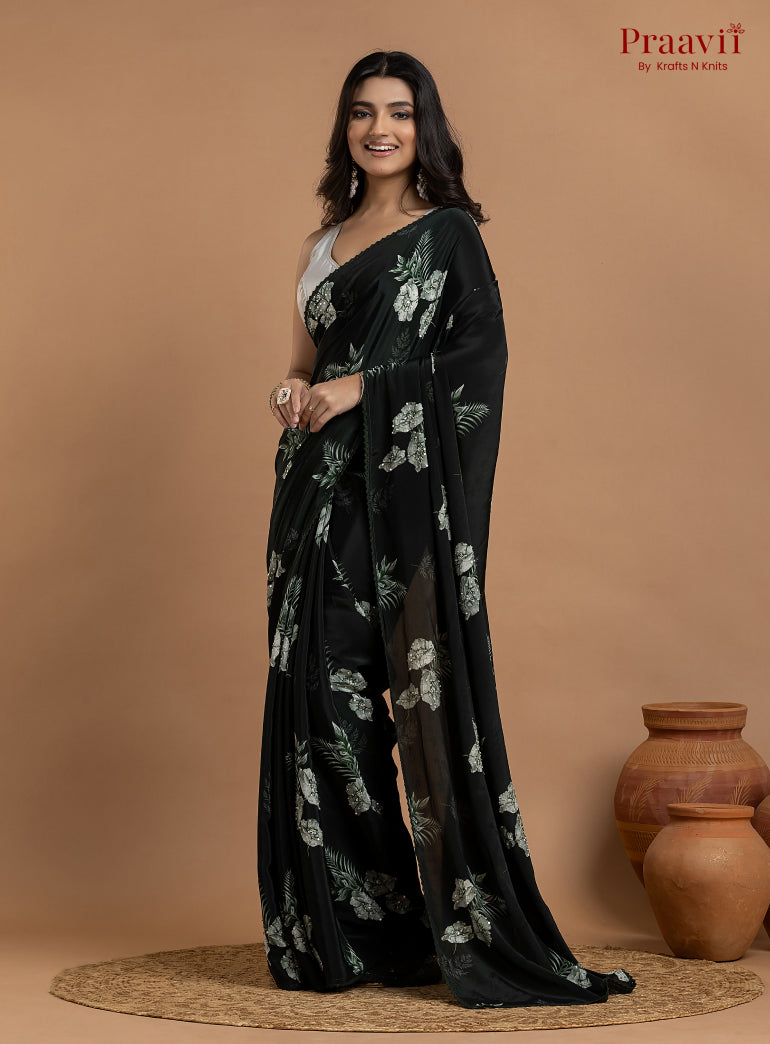 Dark Bottle Green Crepe Satin Saree with Sequin Work