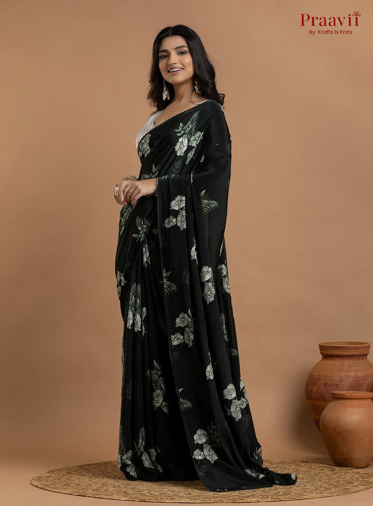 Dark Bottle Green Crepe Satin Saree with Sequin Work