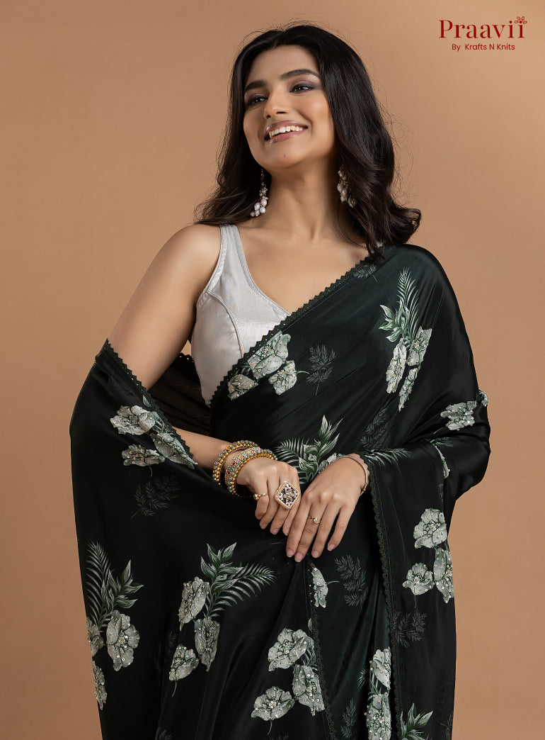 Dark Bottle Green Crepe Satin Saree with Sequin Work