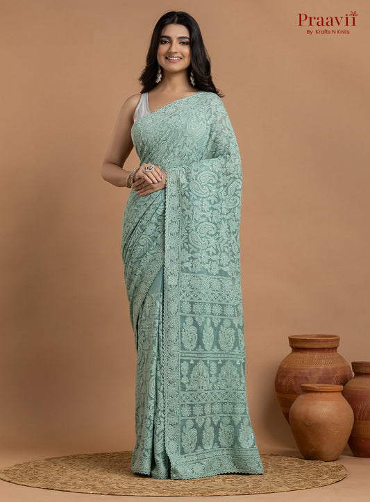Kairi Aqua Blue Georgette Lucknow Chikankari Saree