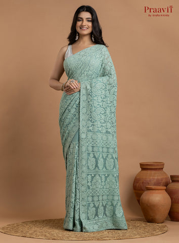 Kairi Aqua Blue Georgette Lucknow Chikankari Saree