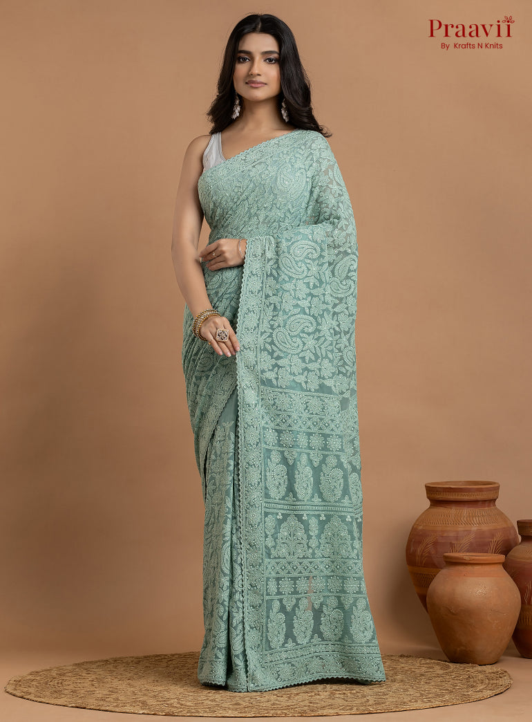 Kairi Aqua Blue Georgette Lucknow Chikankari Saree
