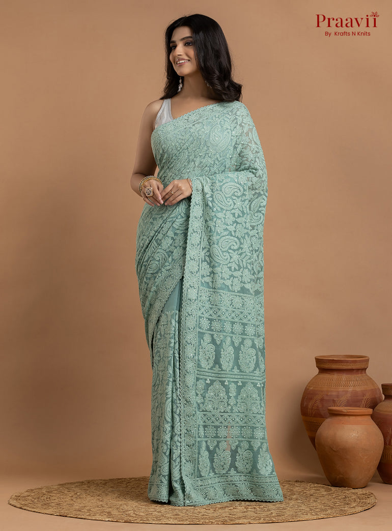 Kairi Aqua Blue Georgette Lucknow Chikankari Saree