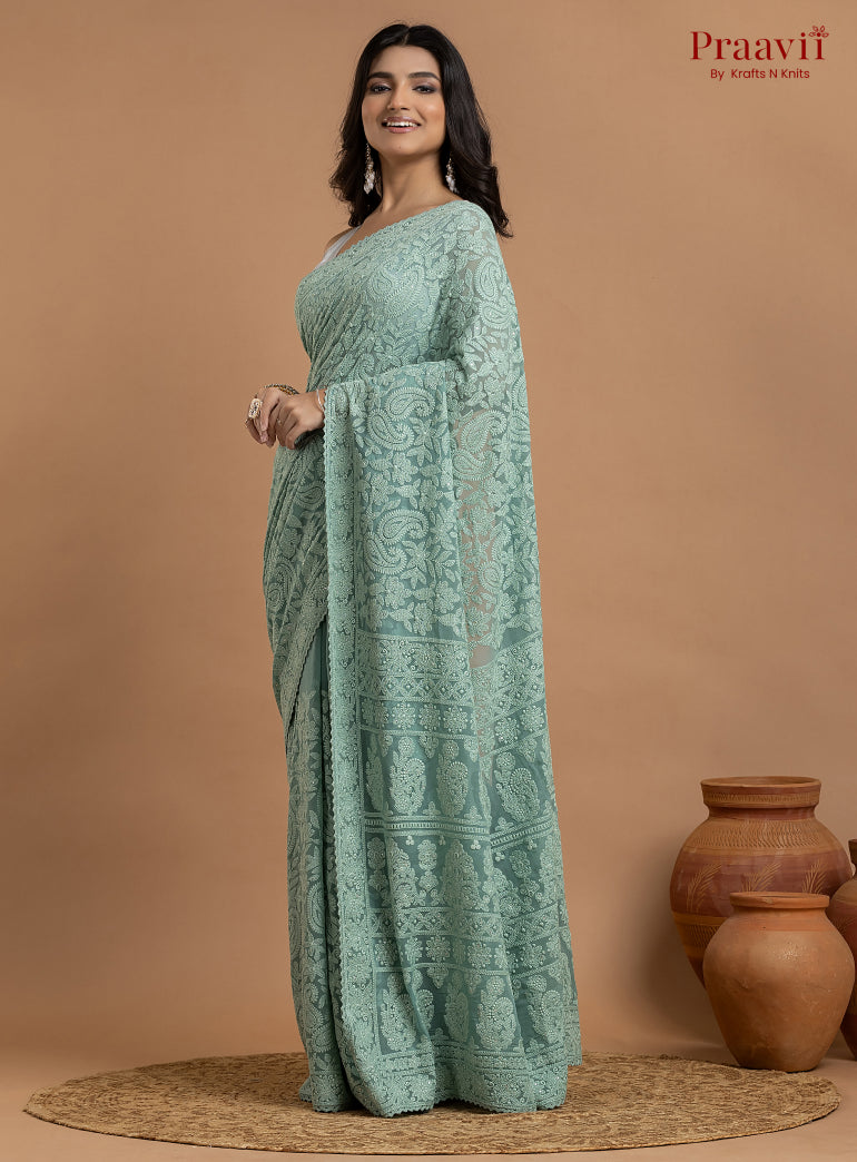Kairi Aqua Blue Georgette Lucknow Chikankari Saree