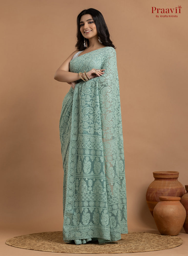 Kairi Aqua Blue Georgette Lucknow Chikankari Saree