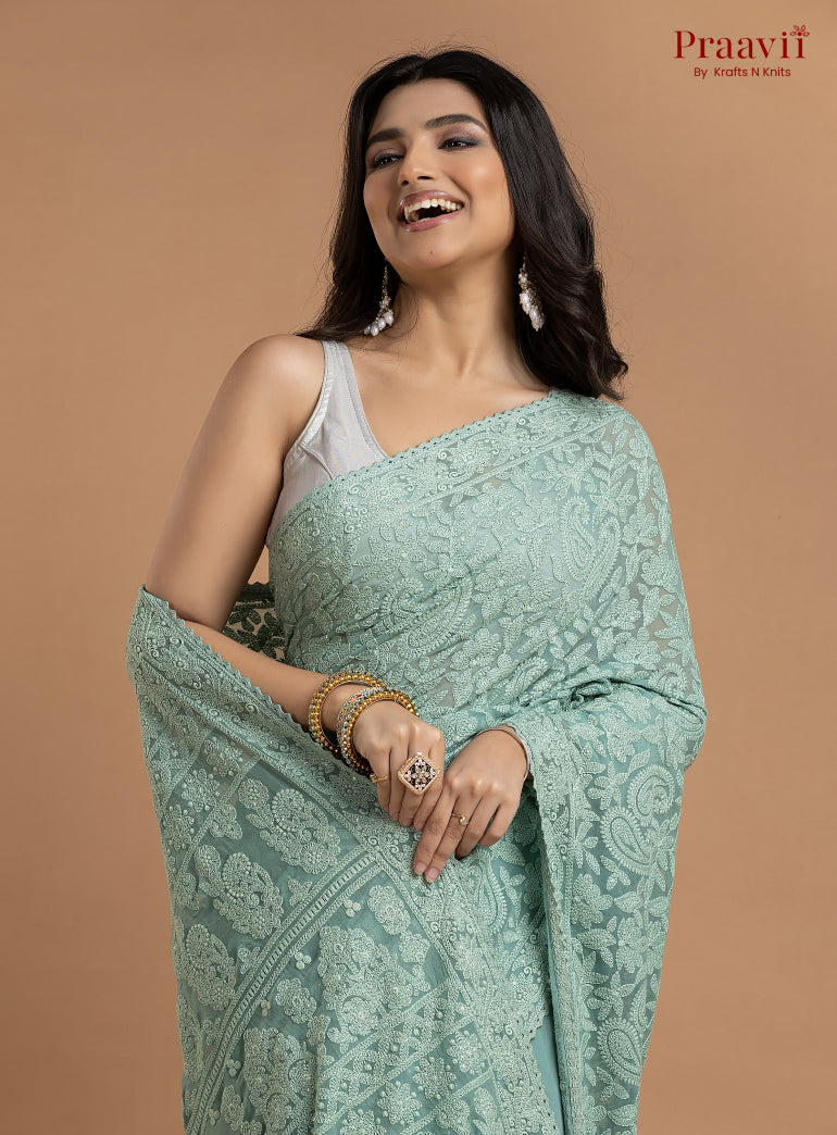Kairi Aqua Blue Georgette Lucknow Chikankari Saree
