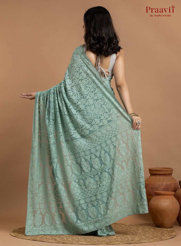 Kairi Aqua Blue Georgette Lucknow Chikankari Saree