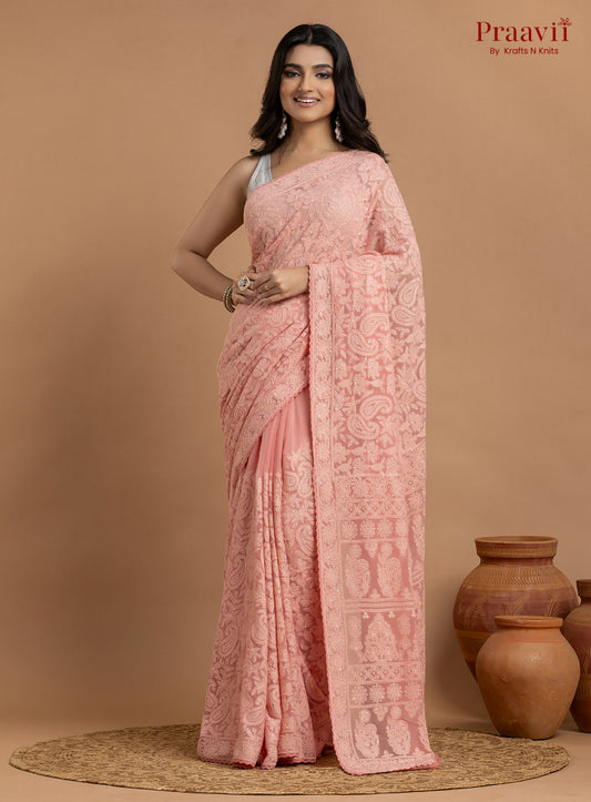Kairi Pink Georgette Lucknow Chikankari Saree