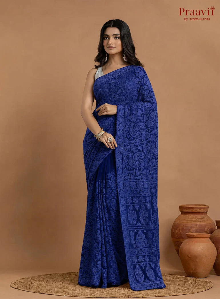 Kairi Deep Blue Georgette Lucknow Chikankari Saree