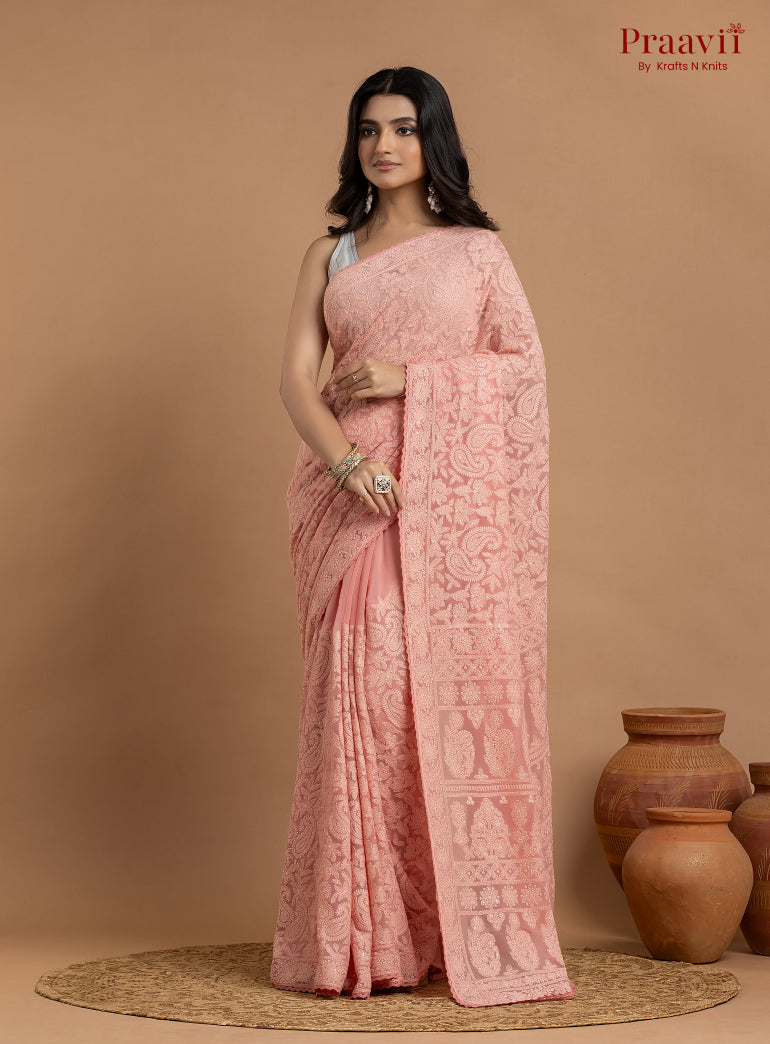 Kairi Pink Georgette Lucknow Chikankari Saree