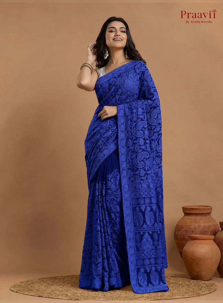 Kairi Deep Blue Georgette Lucknow Chikankari Saree