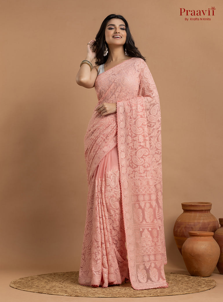 Kairi Pink Georgette Lucknow Chikankari Saree