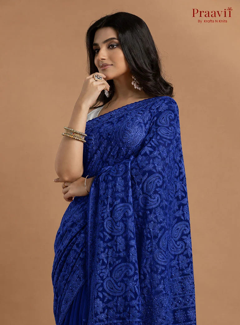 Kairi Deep Blue Georgette Lucknow Chikankari Saree