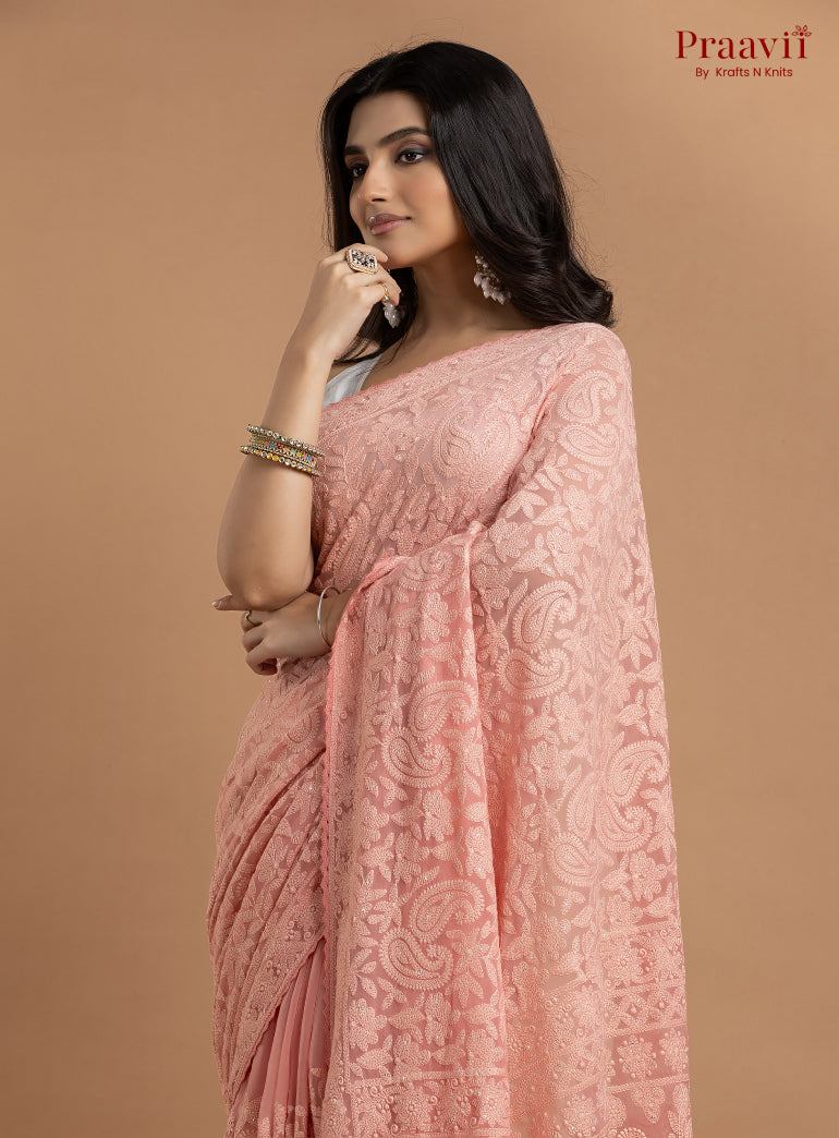 Kairi Pink Georgette Lucknow Chikankari Saree