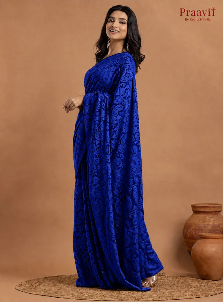 Kairi Deep Blue Georgette Lucknow Chikankari Saree