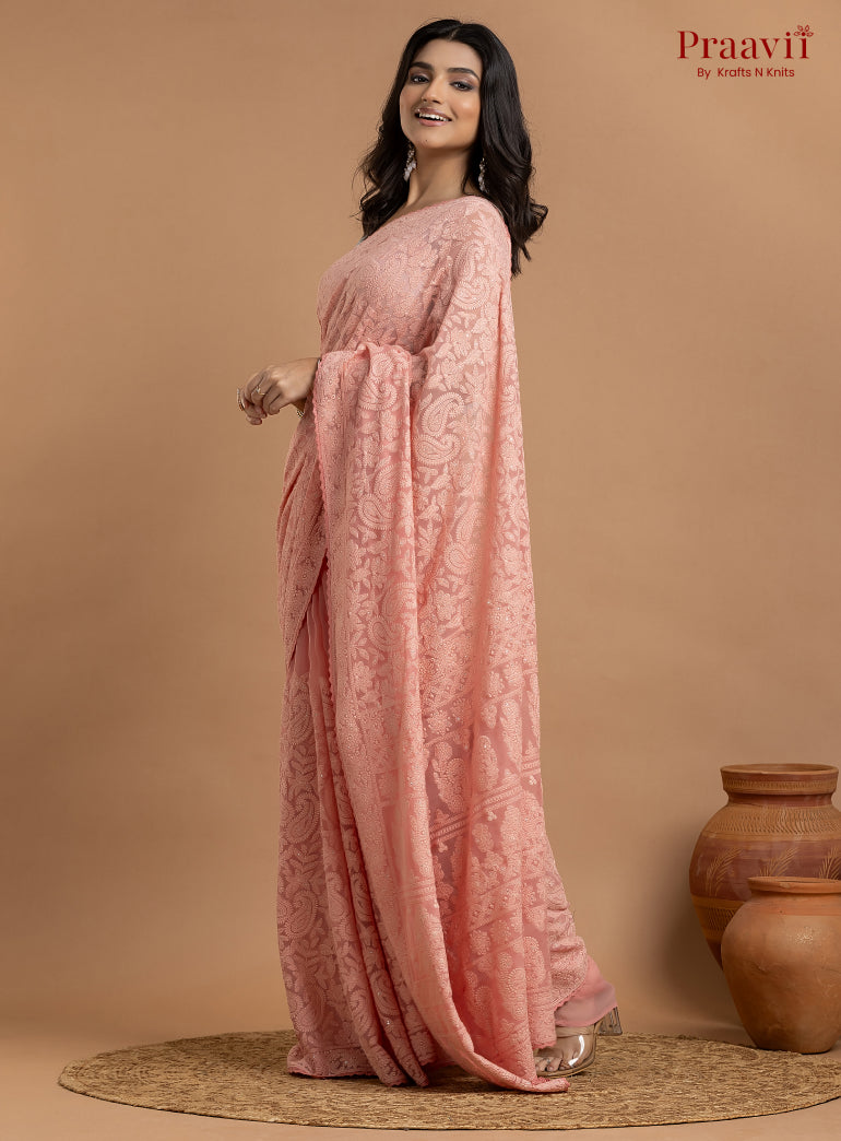 Kairi Pink Georgette Lucknow Chikankari Saree