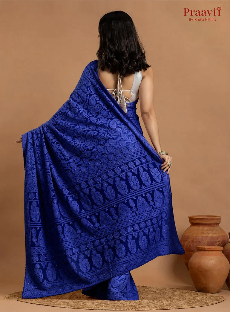 Kairi Deep Blue Georgette Lucknow Chikankari Saree