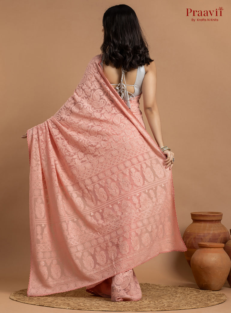 Kairi Pink Georgette Lucknow Chikankari Saree