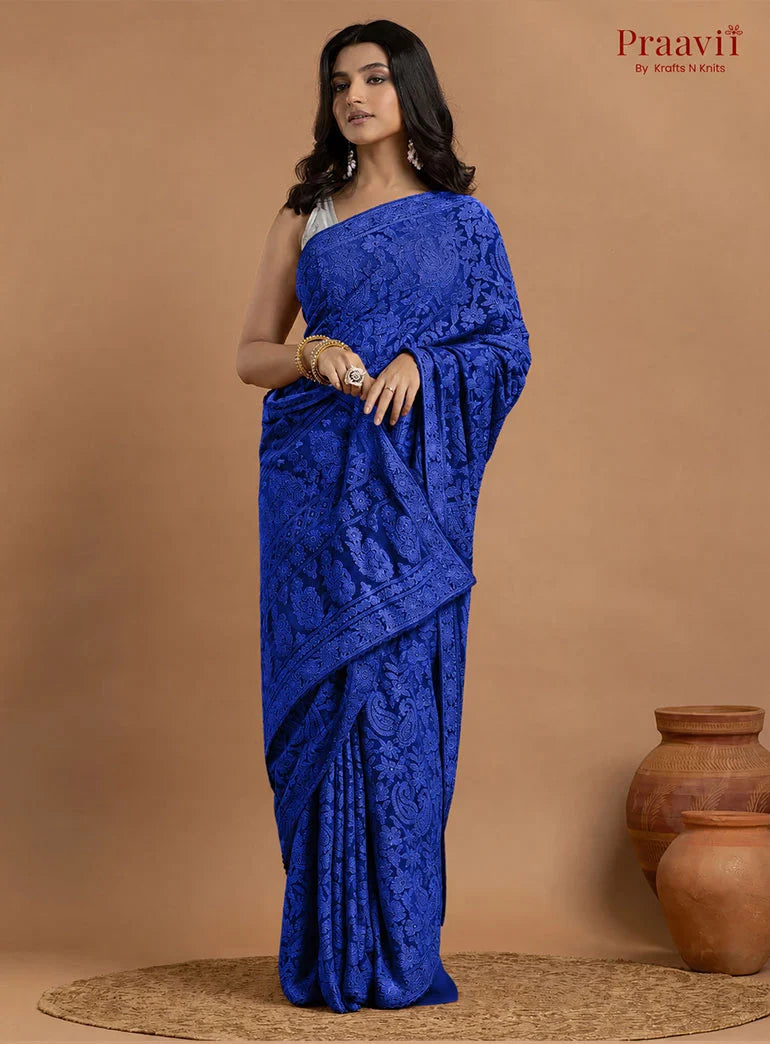 Kairi Deep Blue Georgette Lucknow Chikankari Saree