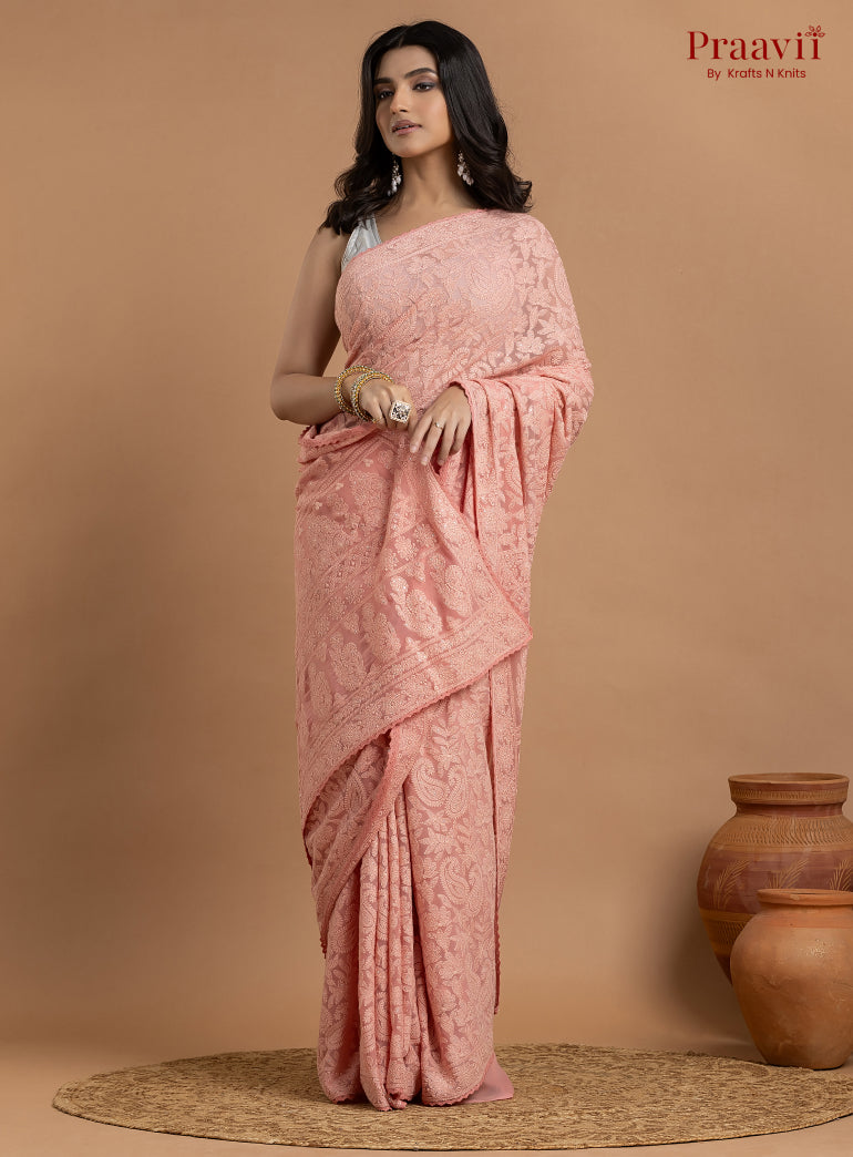 Kairi Pink Georgette Lucknow Chikankari Saree