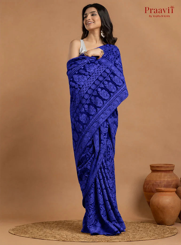 Kairi Deep Blue Georgette Lucknow Chikankari Saree