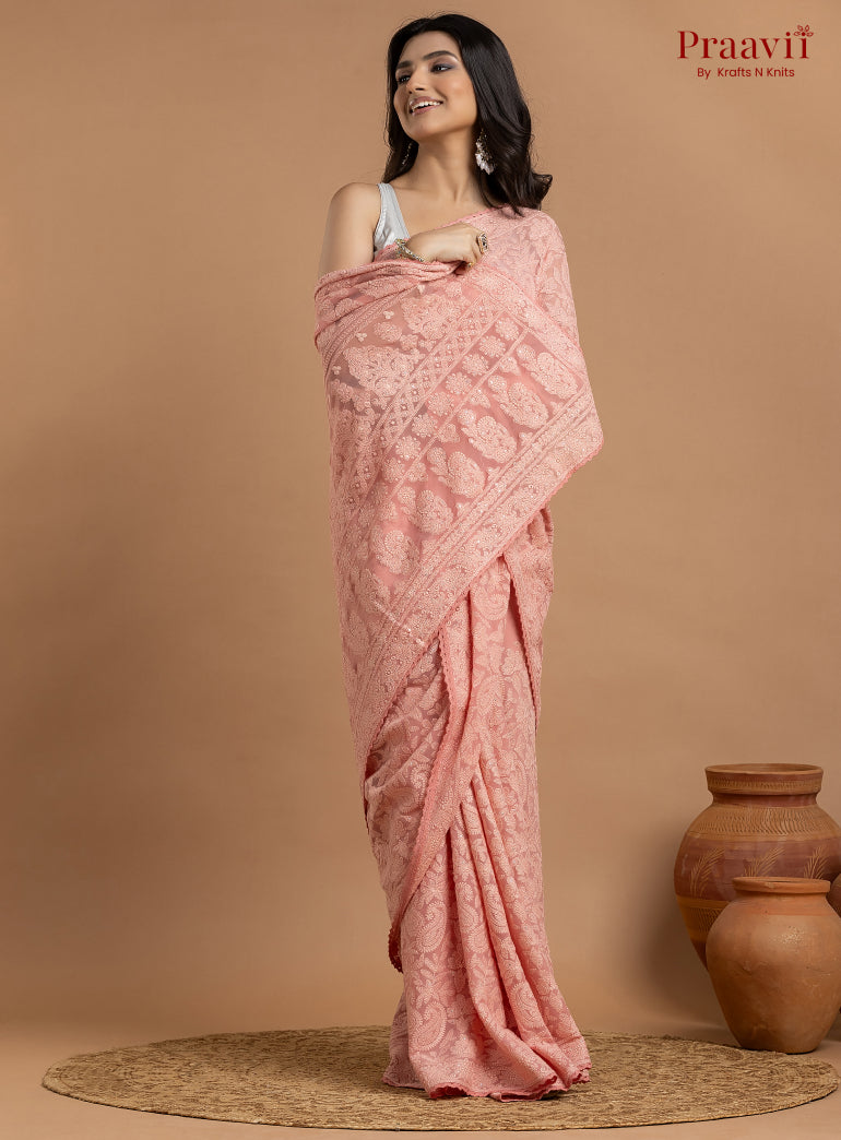 Kairi Pink Georgette Lucknow Chikankari Saree
