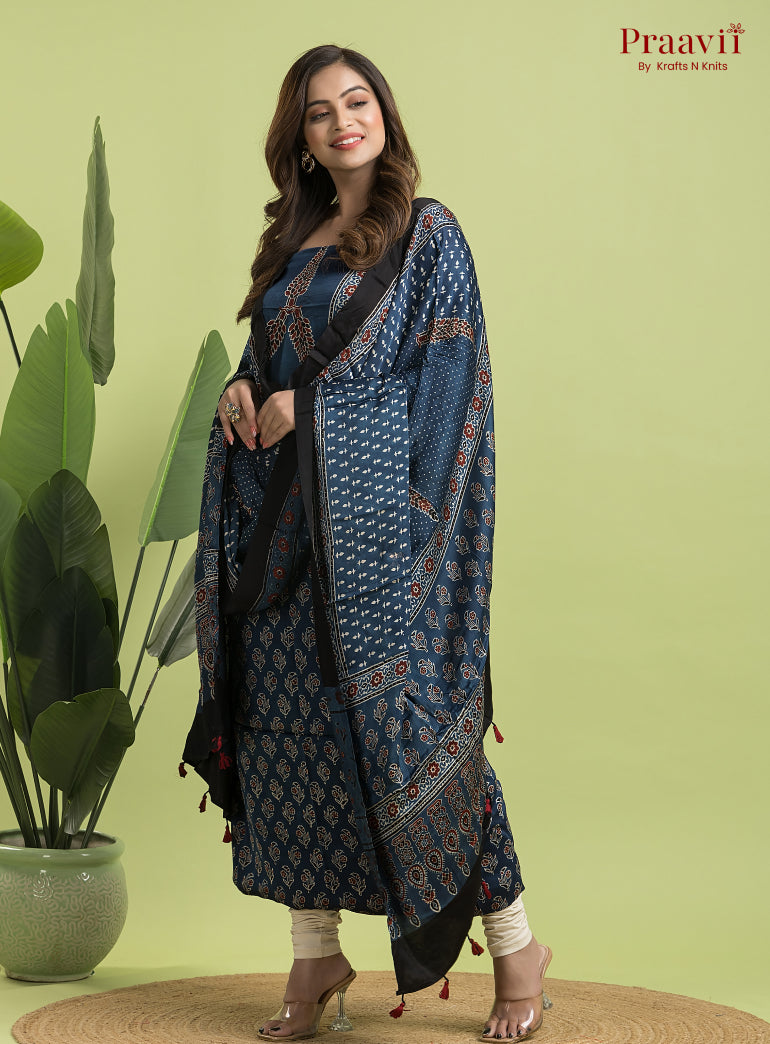 Indigo Blue Ajrakh Modal Handblock Printed Suit Set