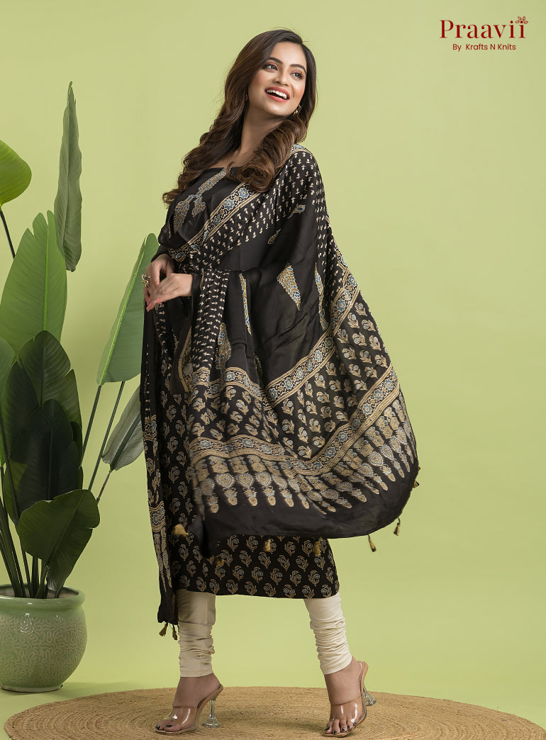 Black Ajrakh Modal Handblock Printed Suit Set