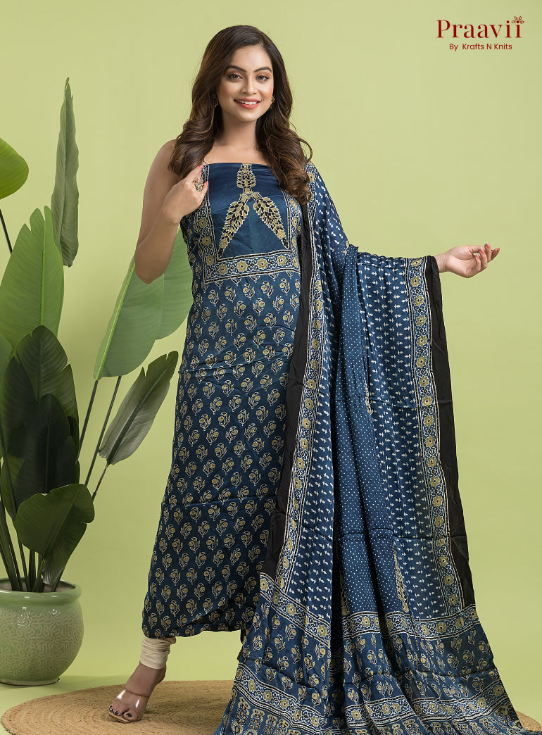 Navy Blue Ajrakh Modal Handblock Printed Suit Set