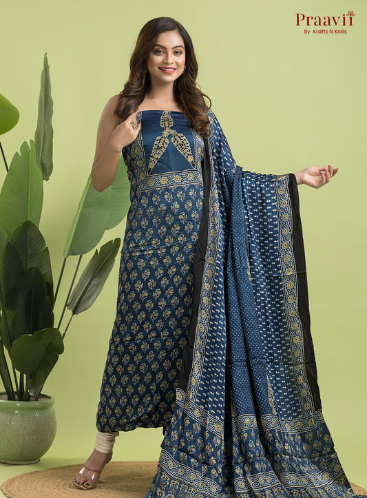 Navy Blue Ajrakh Modal Handblock Printed Suit Set