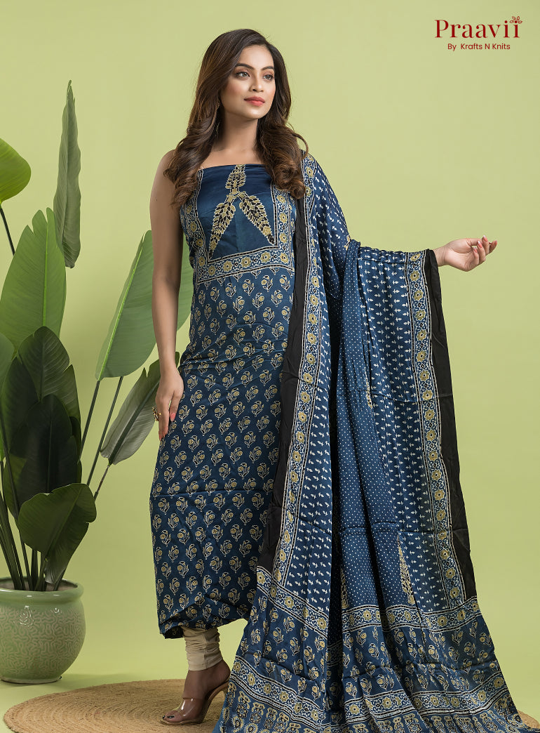 Navy Blue Ajrakh Modal Handblock Printed Suit Set