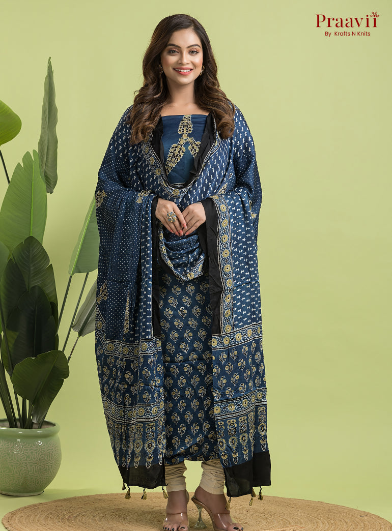 Navy Blue Ajrakh Modal Handblock Printed Suit Set