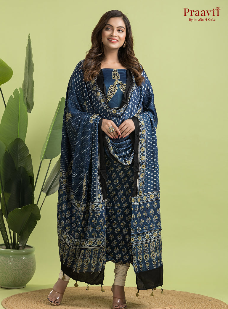Navy Blue Ajrakh Modal Handblock Printed Suit Set