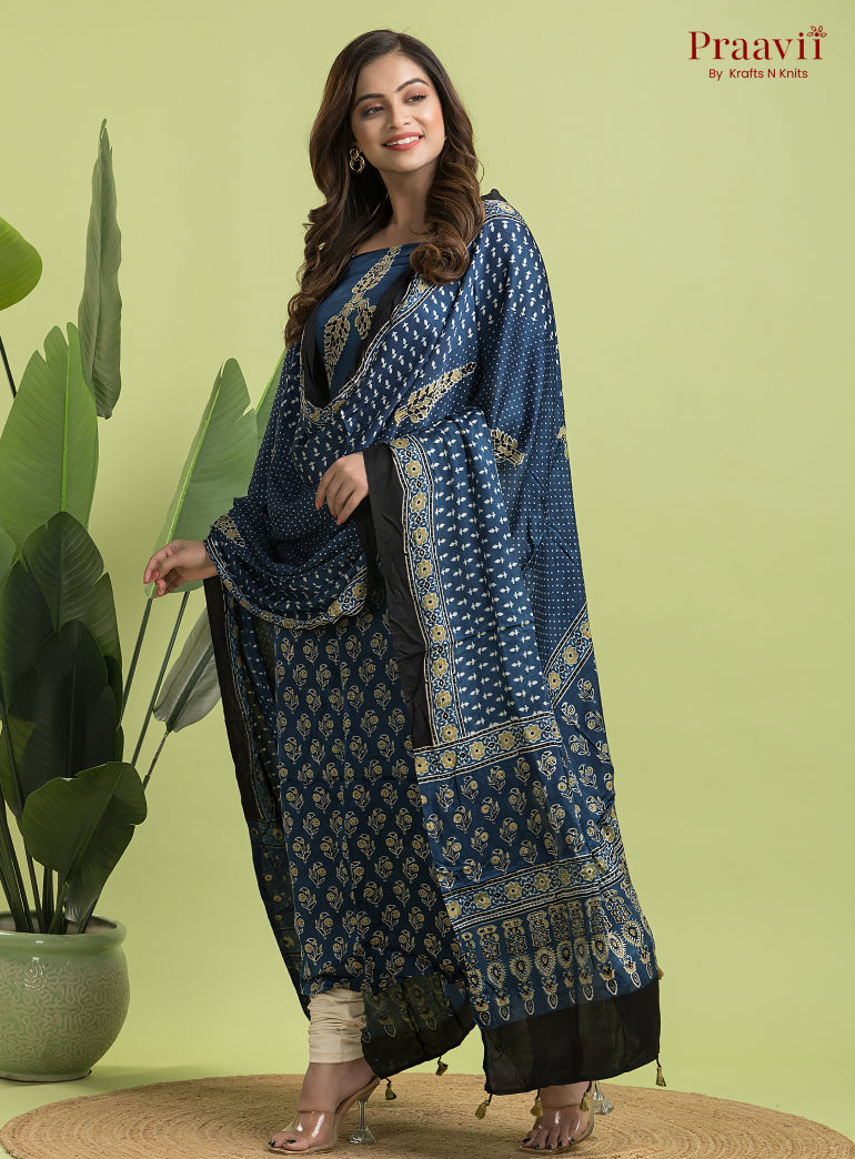 Navy Blue Ajrakh Modal Handblock Printed Suit Set