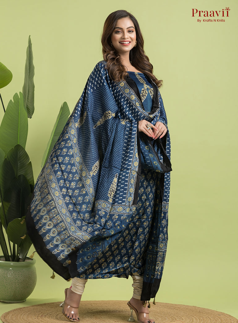 Navy Blue Ajrakh Modal Handblock Printed Suit Set