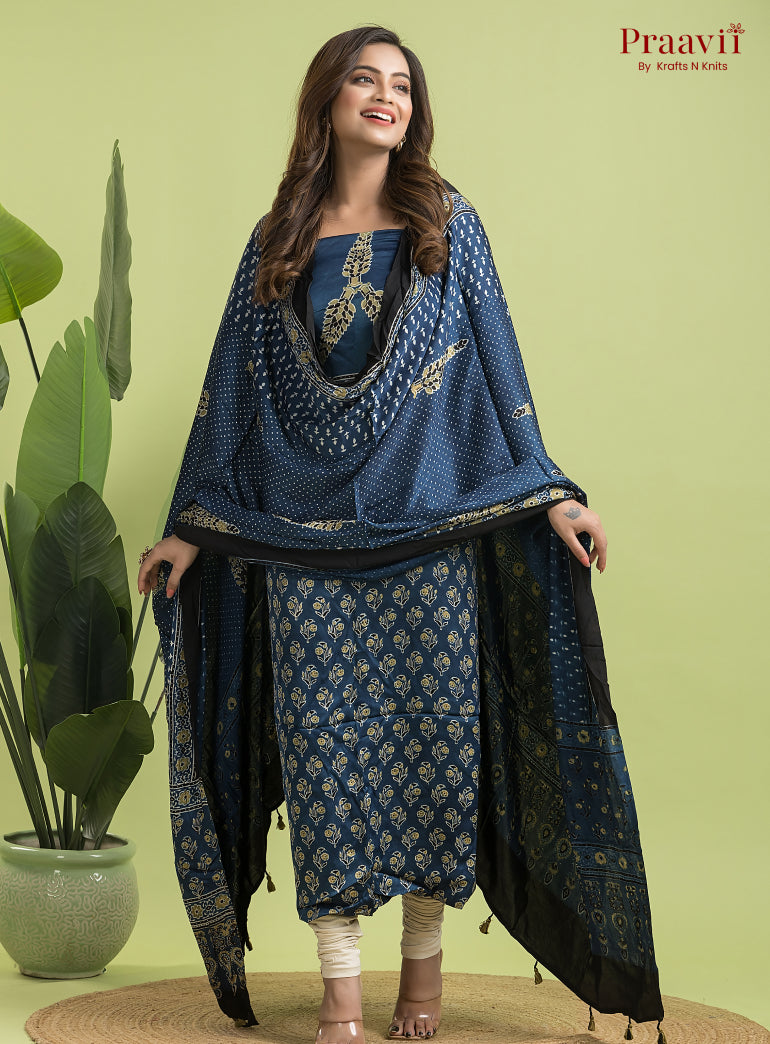 Navy Blue Ajrakh Modal Handblock Printed Suit Set