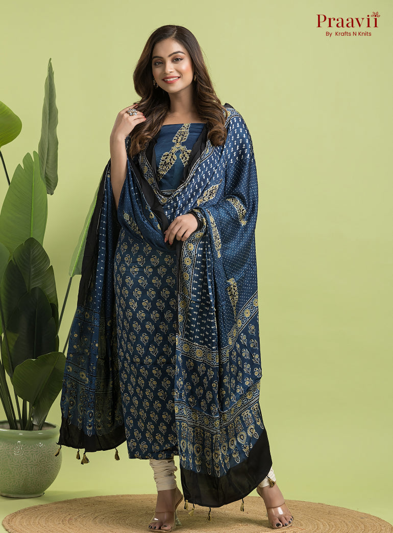 Navy Blue Ajrakh Modal Handblock Printed Suit Set