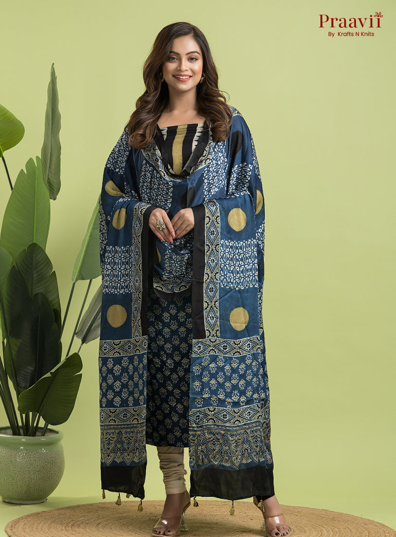 Royal Blue Ajrakh Modal Handblock Printed Suit Set