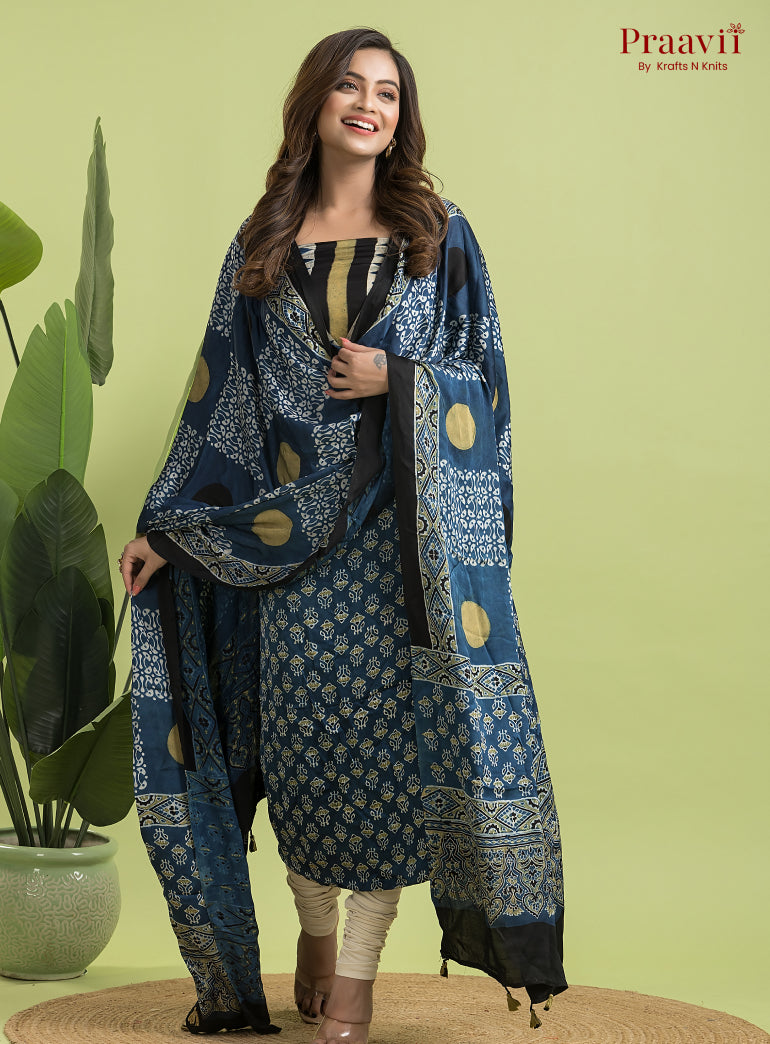 Royal Blue Ajrakh Modal Handblock Printed Suit Set