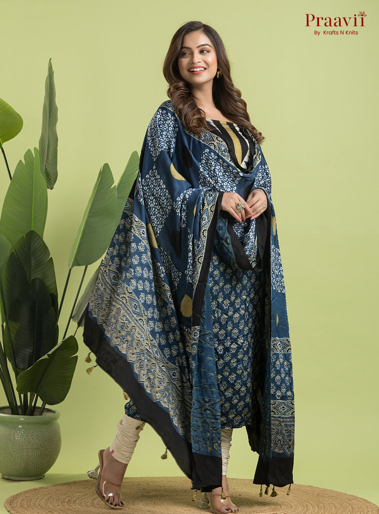 Royal Blue Ajrakh Modal Handblock Printed Suit Set