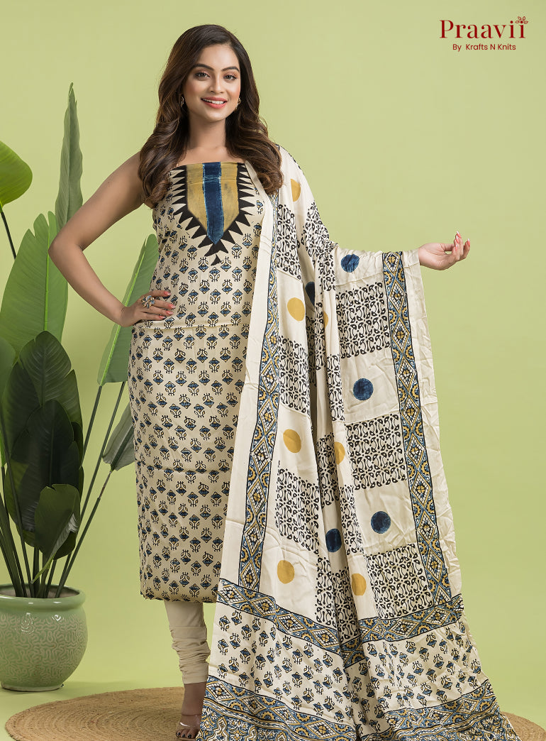 White Ajrakh Modal Handblock Printed Suit Set