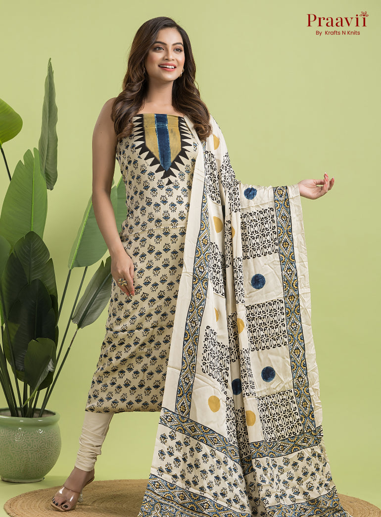 White Ajrakh Modal Handblock Printed Suit Set