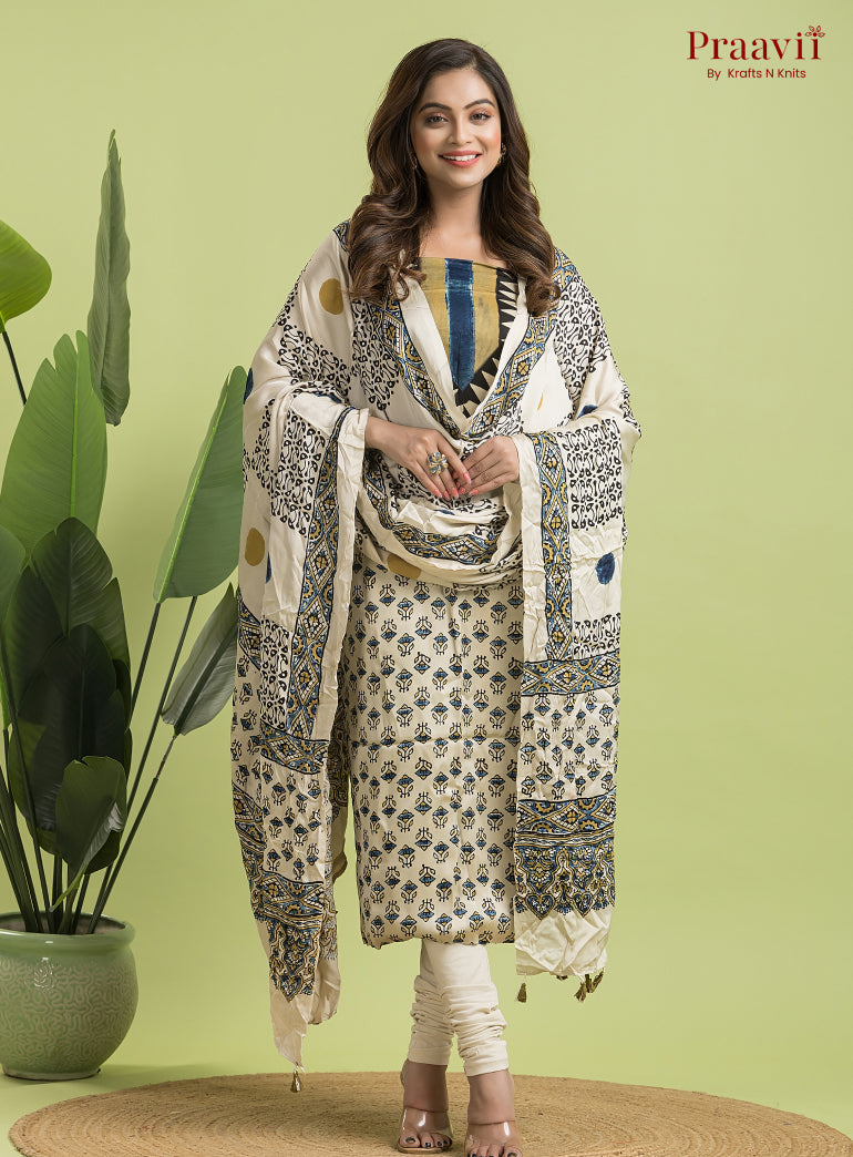 White Ajrakh Modal Handblock Printed Suit Set